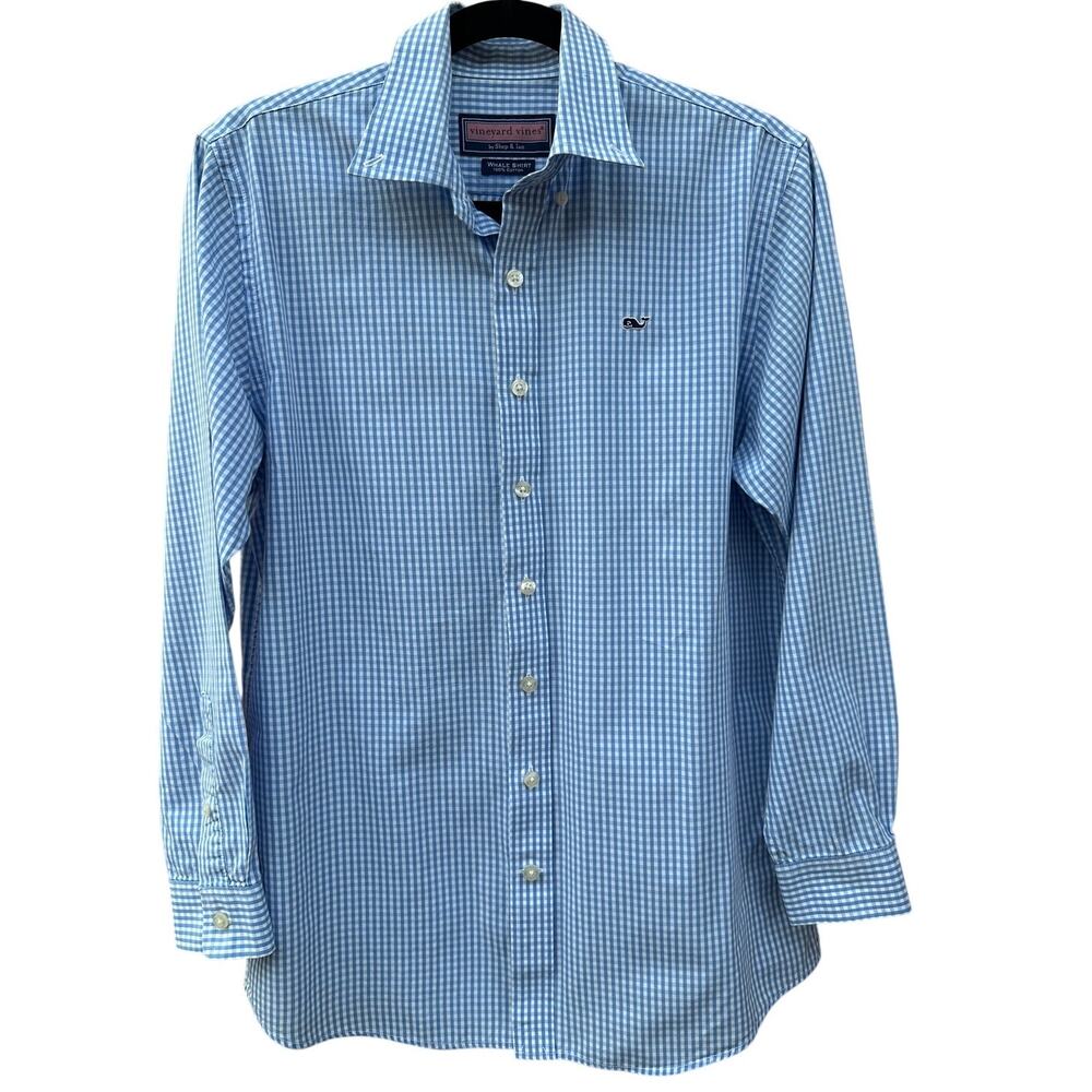 Vineyard Vines Boys L 16-18 Whale Shirt Blue White Gingham Check Button Down